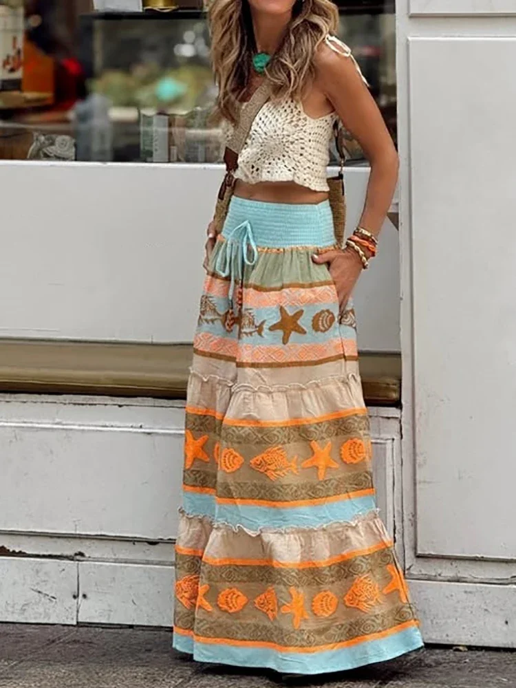 Spring Summer All Match Loose Maxi Skirts, Women Holiday Print Patchwork Chic Skirts, High Elastic Waist Lace-Up Ladies Skirts