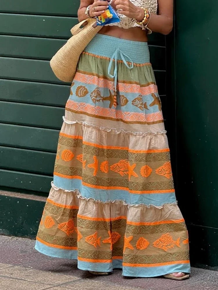 Spring Summer All Match Loose Maxi Skirts, Women Holiday Print Patchwork Chic Skirts, High Elastic Waist Lace-Up Ladies Skirts