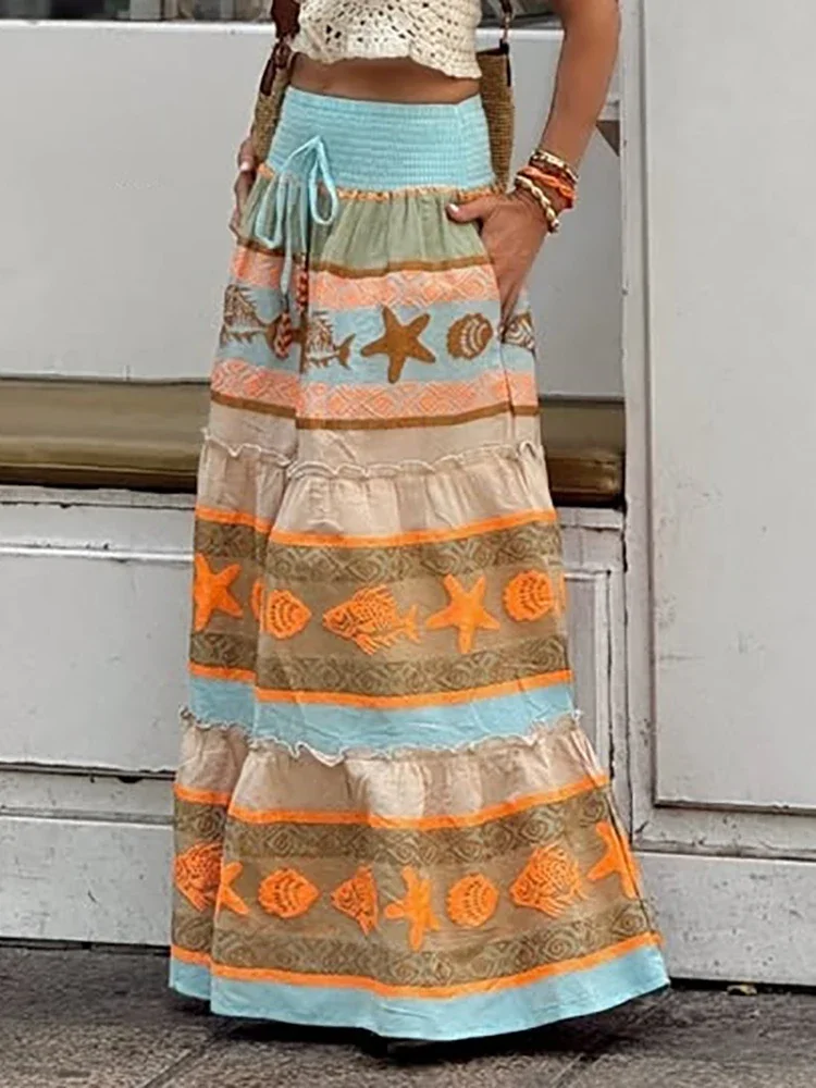Spring Summer All Match Loose Maxi Skirts, Women Holiday Print Patchwork Chic Skirts, High Elastic Waist Lace-Up Ladies Skirts
