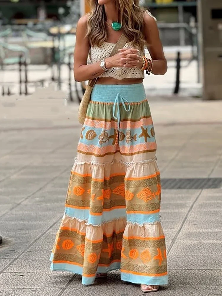 Spring Summer All Match Loose Maxi Skirts, Women Holiday Print Patchwork Chic Skirts, High Elastic Waist Lace-Up Ladies Skirts