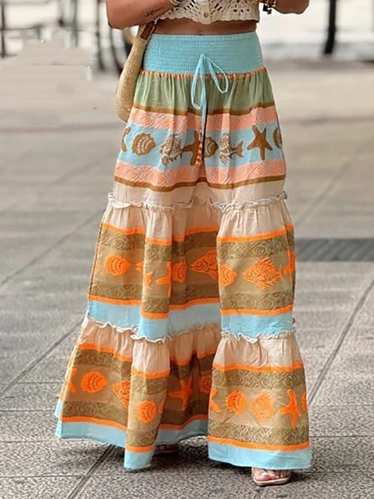 Spring Summer All Match Loose Maxi Skirts, Women Holiday Print Patchwork Chic Skirts, High Elastic Waist Lace-Up Ladies Skirts