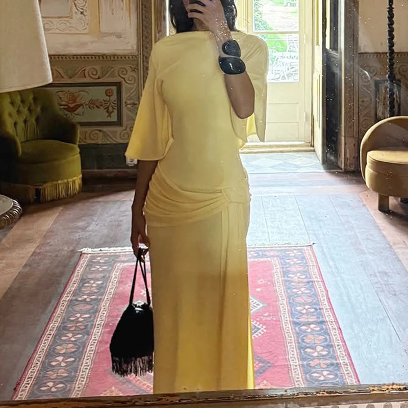 Spring Elegant O Neck High Waist Pleated Dress Retro Solid Slim Bodycon Women Party Dress Autumn Half Sleeve Bohemian Maxi Dress
