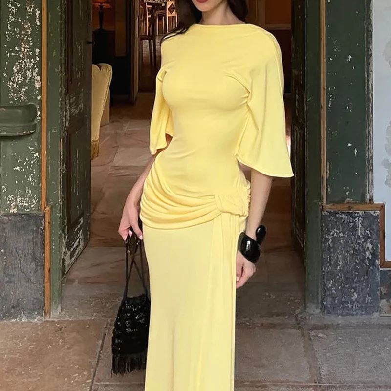 Spring Elegant O Neck High Waist Pleated Dress Retro Solid Slim Bodycon Women Party Dress Autumn Half Sleeve Bohemian Maxi Dress