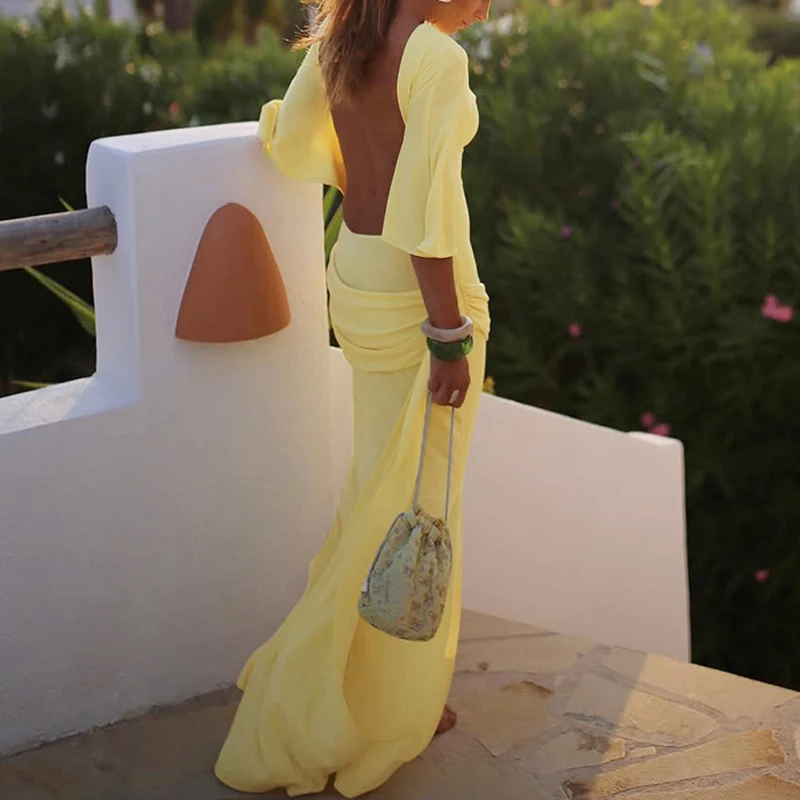 Spring Elegant O Neck High Waist Pleated Dress Retro Solid Slim Bodycon Women Party Dress Autumn Half Sleeve Bohemian Maxi Dress