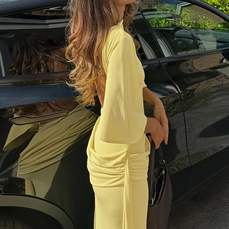 Spring Elegant O Neck High Waist Pleated Dress Retro Solid Slim Bodycon Women Party Dress Autumn Half Sleeve Bohemian Maxi Dress