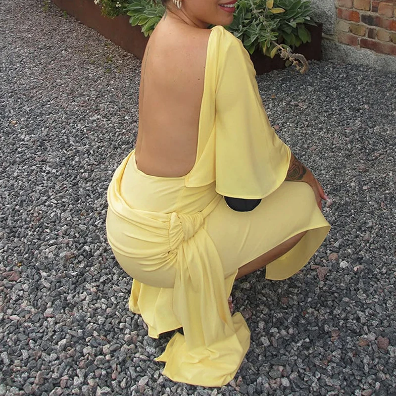 Spring Elegant O Neck High Waist Pleated Dress Retro Solid Slim Bodycon Women Party Dress Autumn Half Sleeve Bohemian Maxi Dress