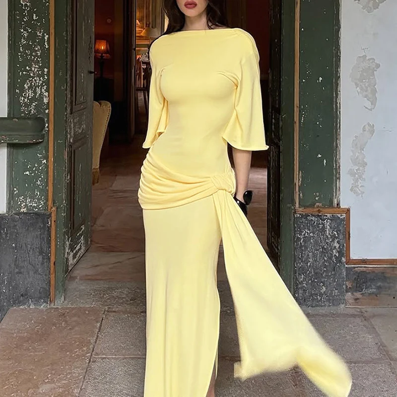 Spring Elegant O Neck High Waist Pleated Dress Retro Solid Slim Bodycon Women Party Dress Autumn Half Sleeve Bohemian Maxi Dress