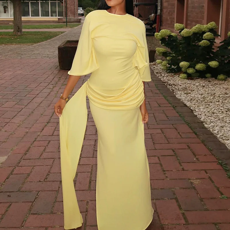Spring Elegant O Neck High Waist Pleated Dress Retro Solid Slim Bodycon Women Party Dress Autumn Half Sleeve Bohemian Maxi Dress