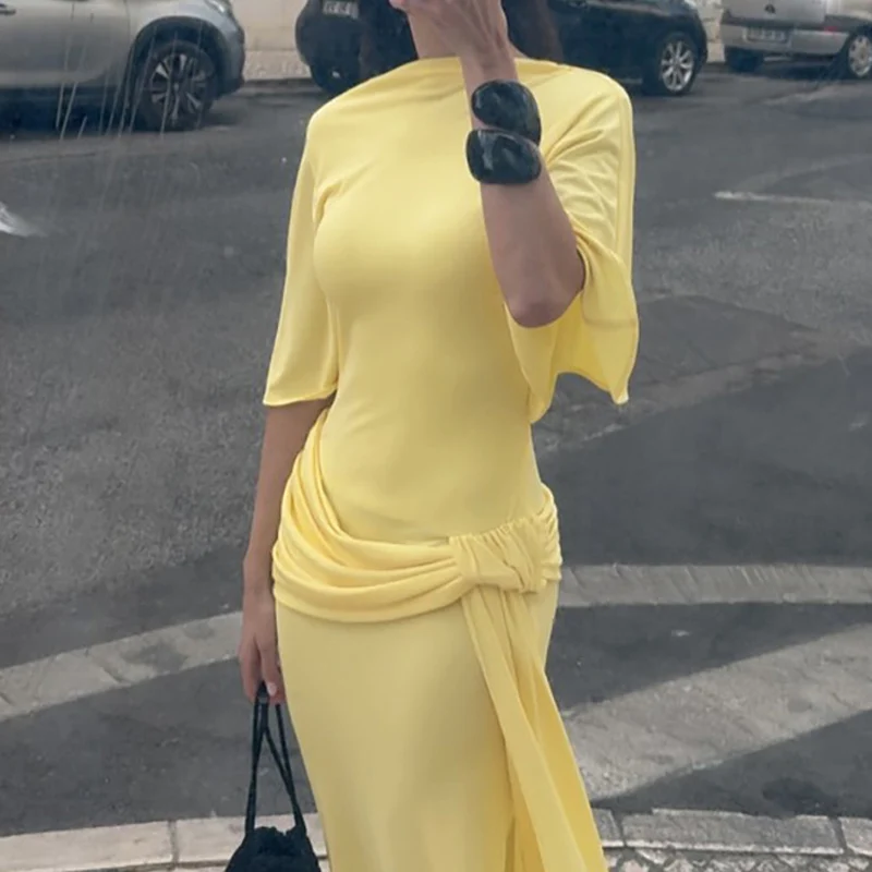Spring Elegant O Neck High Waist Pleated Dress Retro Solid Slim Bodycon Women Party Dress Autumn Half Sleeve Bohemian Maxi Dress