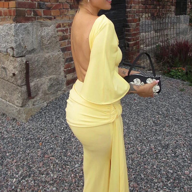 Spring Elegant O Neck High Waist Pleated Dress Retro Solid Slim Bodycon Women Party Dress Autumn Half Sleeve Bohemian Maxi Dress