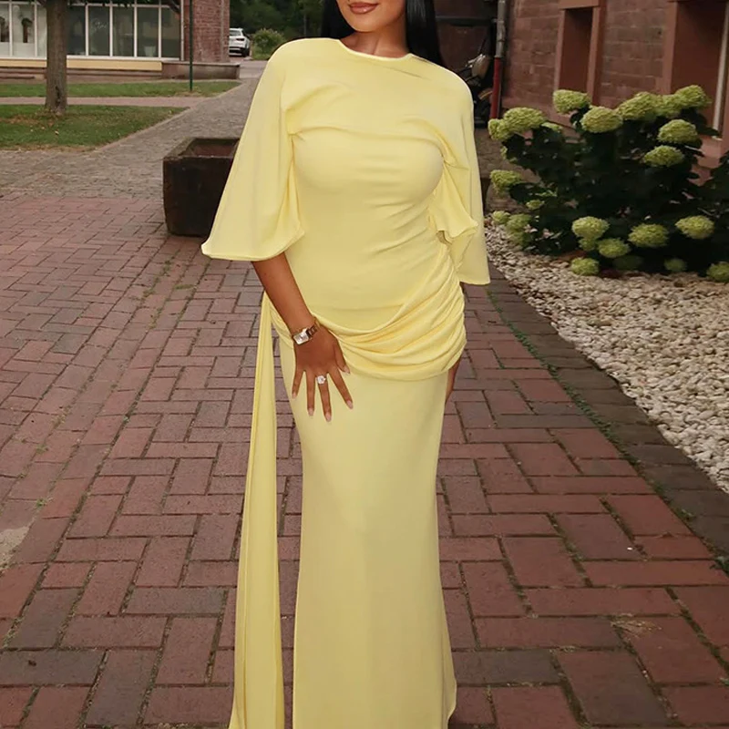 Spring Elegant O Neck High Waist Pleated Dress Retro Solid Slim Bodycon Women Party Dress Autumn Half Sleeve Bohemian Maxi Dress