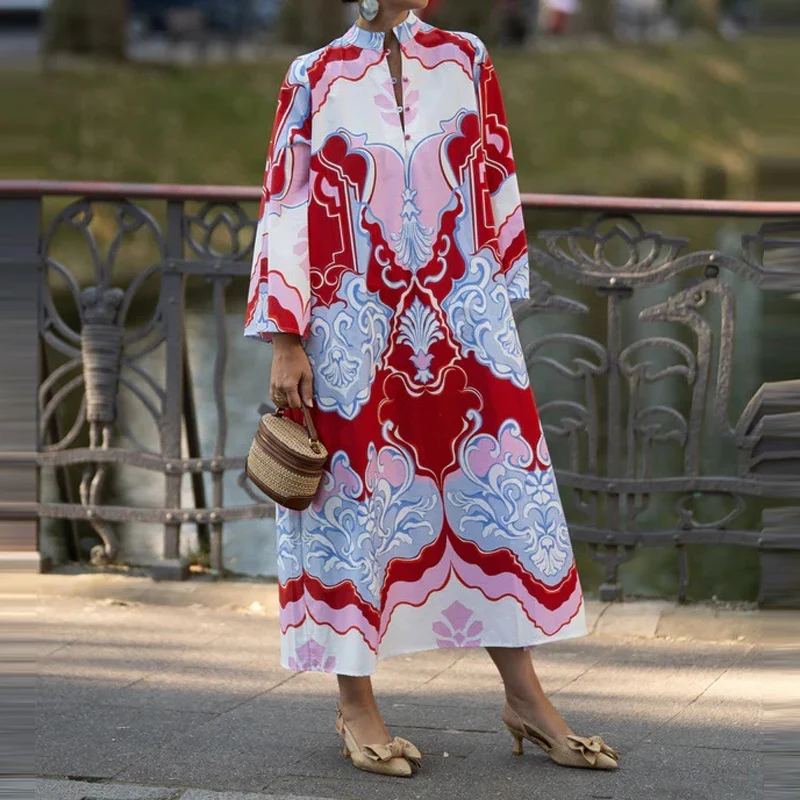 Fashion Stand Collar Loose Vacation Dress Elegant Button Hight Waist Bohemian Robe Dress Casual Flared Sleeves Flax Long Dresses