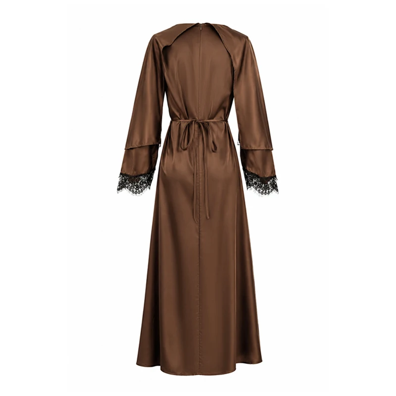 Spring Elegant O Neck Solid Women's Long Dress Simple Chic Patchwork Lace Satin Maxi Dress Autumn Long Sleeves A-Line Boho Dress
