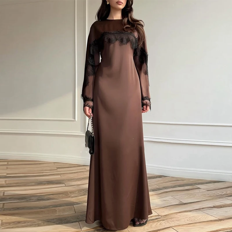 Spring Elegant O Neck Solid Women's Long Dress Simple Chic Patchwork Lace Satin Maxi Dress Autumn Long Sleeves A-Line Boho Dress