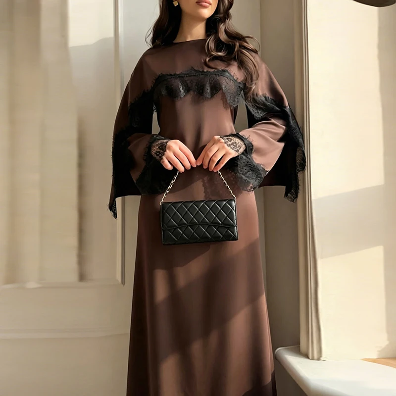 Spring Elegant O Neck Solid Women's Long Dress Simple Chic Patchwork Lace Satin Maxi Dress Autumn Long Sleeves A-Line Boho Dress