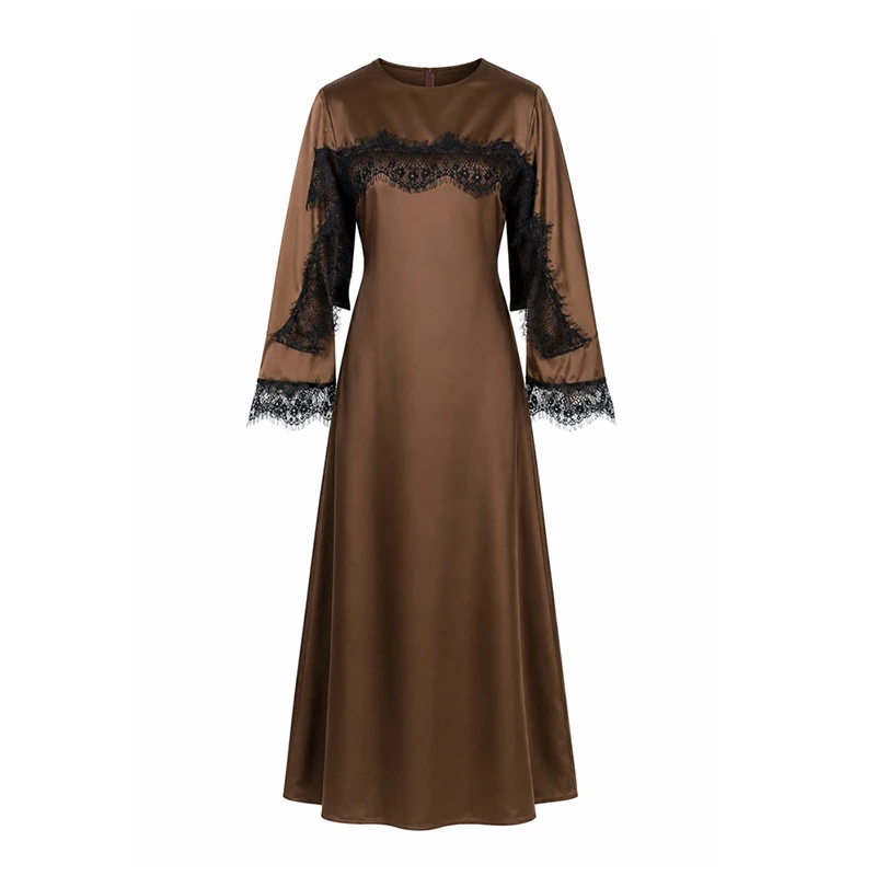 Spring Elegant O Neck Solid Women's Long Dress Simple Chic Patchwork Lace Satin Maxi Dress Autumn Long Sleeves A-Line Boho Dress