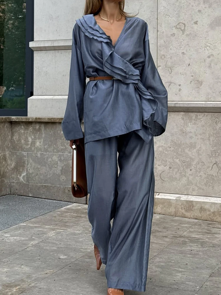 Simple Solid Color Loose Autumn Suit V Neck Lace Up Long Sleeved Top with Pants Women's 2pc Sets Ruffle Design Vacation Outfits