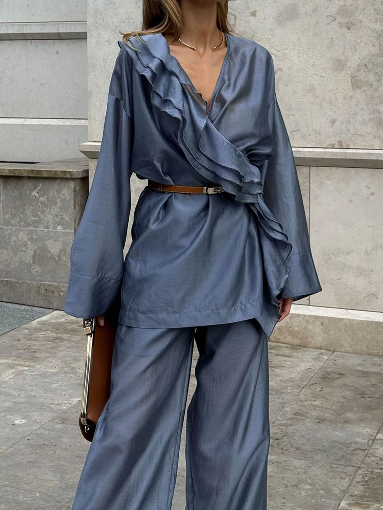 Simple Solid Color Loose Autumn Suit V Neck Lace Up Long Sleeved Top with Pants Women's 2pc Sets Ruffle Design Vacation Outfits
