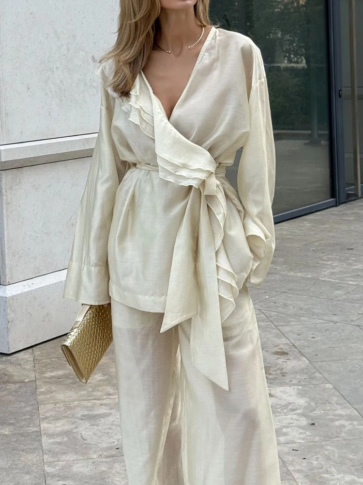 Simple Solid Color Loose Autumn Suit V Neck Lace Up Long Sleeved Top with Pants Women's 2pc Sets Ruffle Design Vacation Outfits