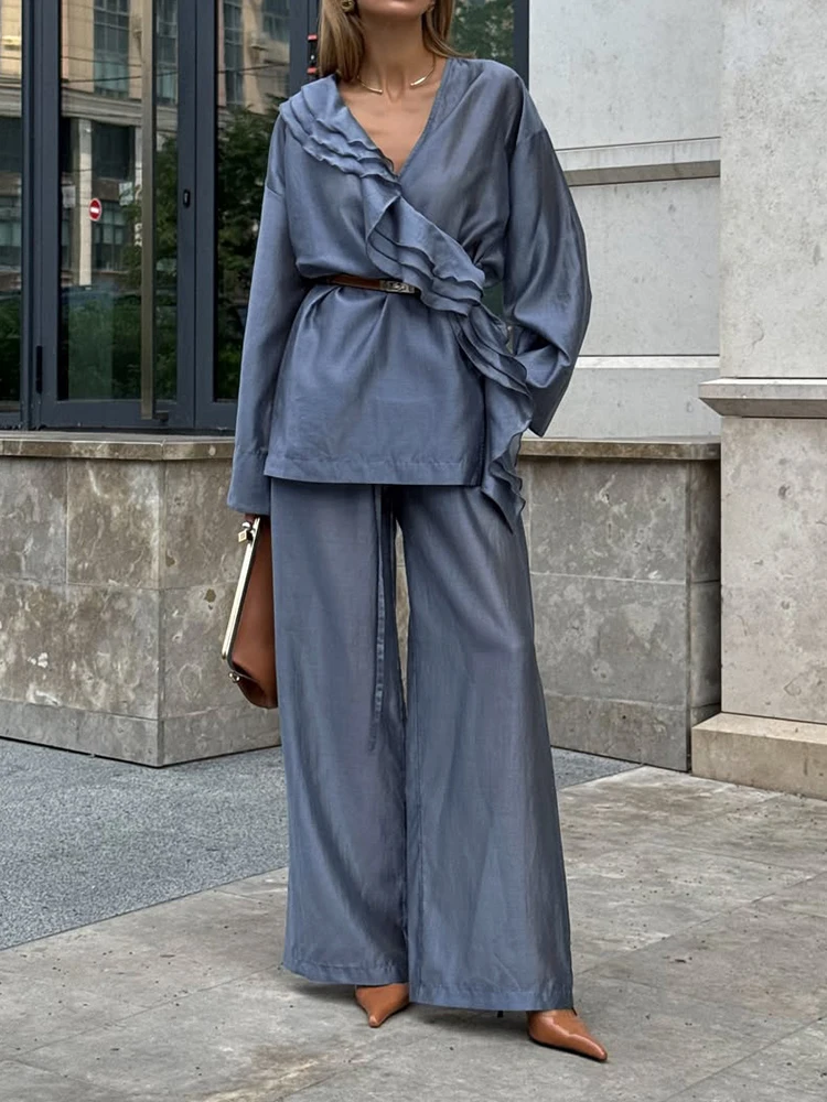 Simple Solid Color Loose Autumn Suit V Neck Lace Up Long Sleeved Top with Pants Women's 2pc Sets Ruffle Design Vacation Outfits