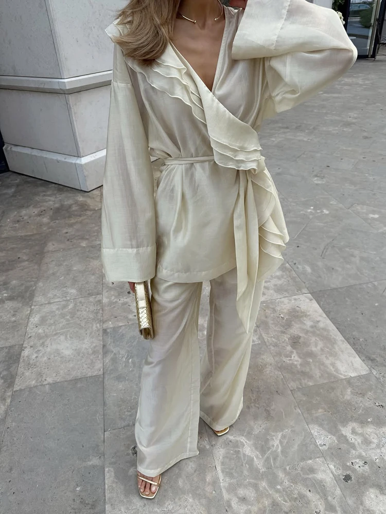 Simple Solid Color Loose Autumn Suit V Neck Lace Up Long Sleeved Top with Pants Women's 2pc Sets Ruffle Design Vacation Outfits