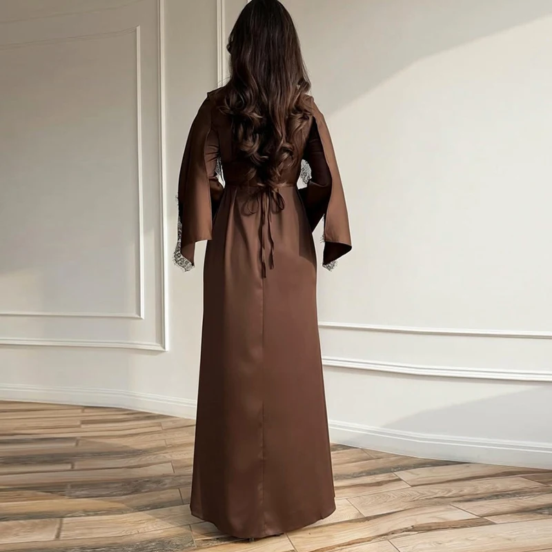Women Luxurious Satin Floor Length Maxi Dress Elegant Solid Color Long Sleeve Banquet Dress Temperament High Waist Pleated Dress