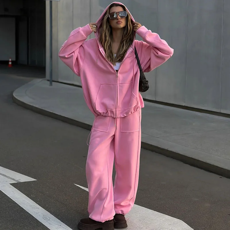 Hooded Zipper Long Sleeved Coat with Wide Leg Pants Women's Outfits Autumn Loose Sportswear Street Style Casual Two Piece Set