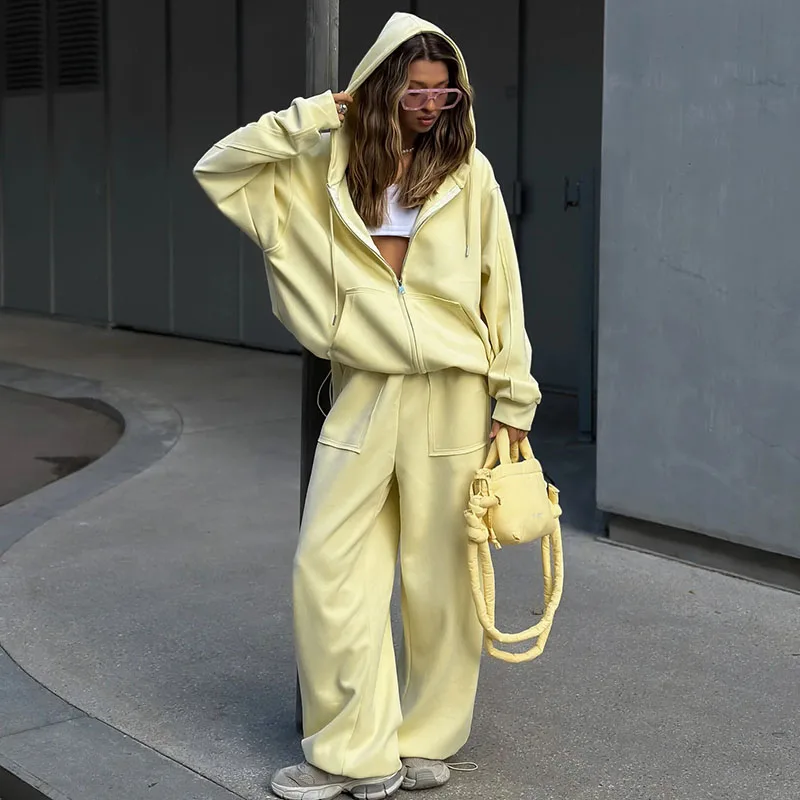 Hooded Zipper Long Sleeved Coat with Wide Leg Pants Women's Outfits Autumn Loose Sportswear Street Style Casual Two Piece Set