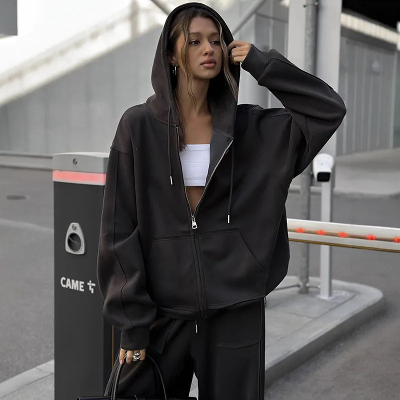 Hooded Zipper Long Sleeved Coat with Wide Leg Pants Women's Outfits Autumn Loose Sportswear Street Style Casual Two Piece Set