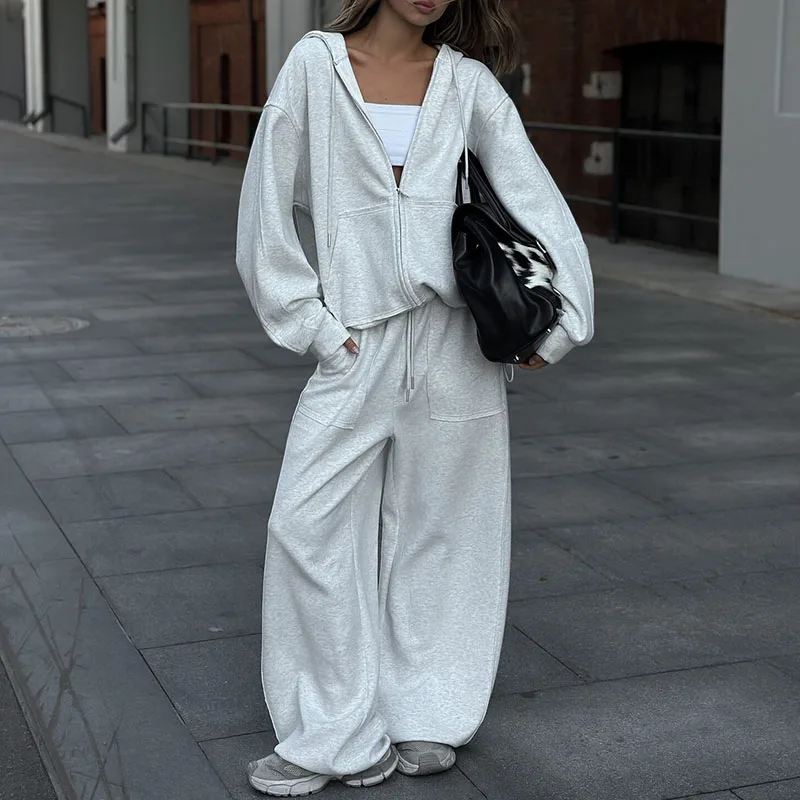 Hooded Zipper Long Sleeved Coat with Wide Leg Pants Women's Outfits Autumn Loose Sportswear Street Style Casual Two Piece Set