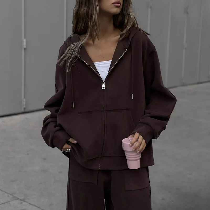 Hooded Zipper Long Sleeved Coat with Wide Leg Pants Women's Outfits Autumn Loose Sportswear Street Style Casual Two Piece Set
