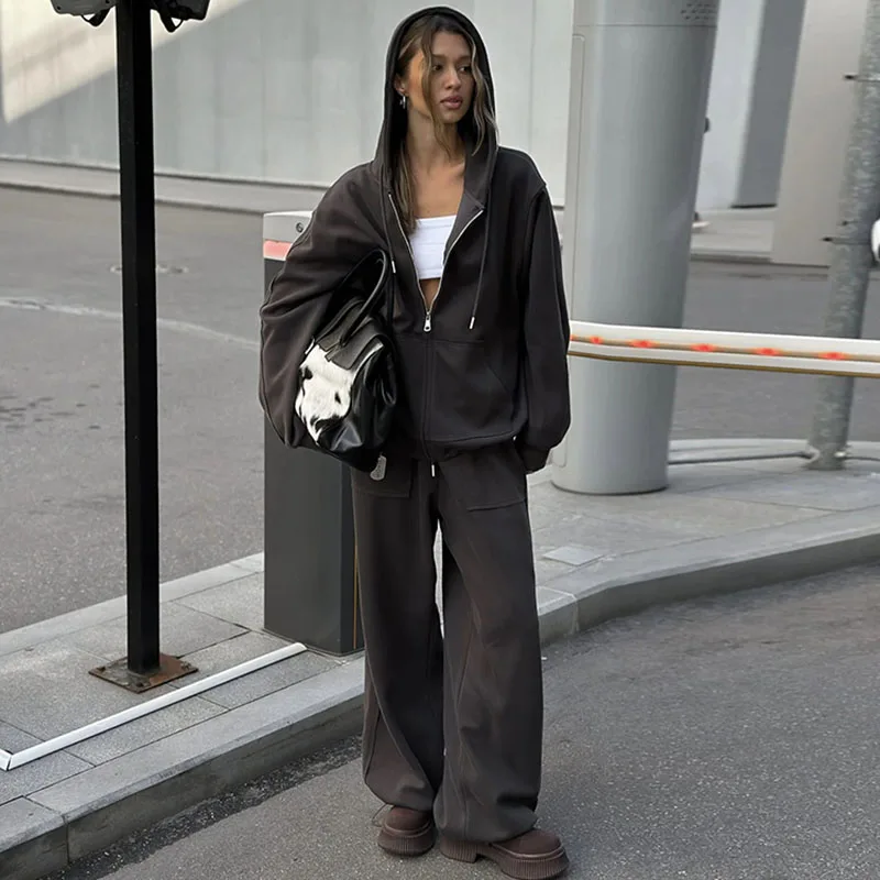 Hooded Zipper Long Sleeved Coat with Wide Leg Pants Women's Outfits Autumn Loose Sportswear Street Style Casual Two Piece Set