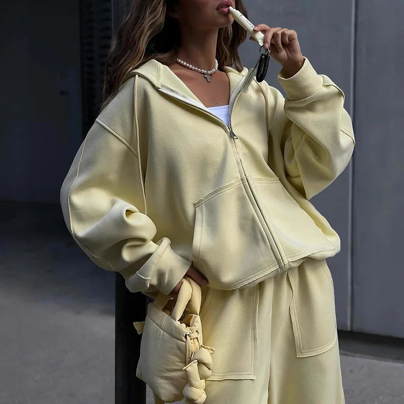 Hooded Zipper Long Sleeved Coat with Wide Leg Pants Women's Outfits Autumn Loose Sportswear Street Style Casual Two Piece Set