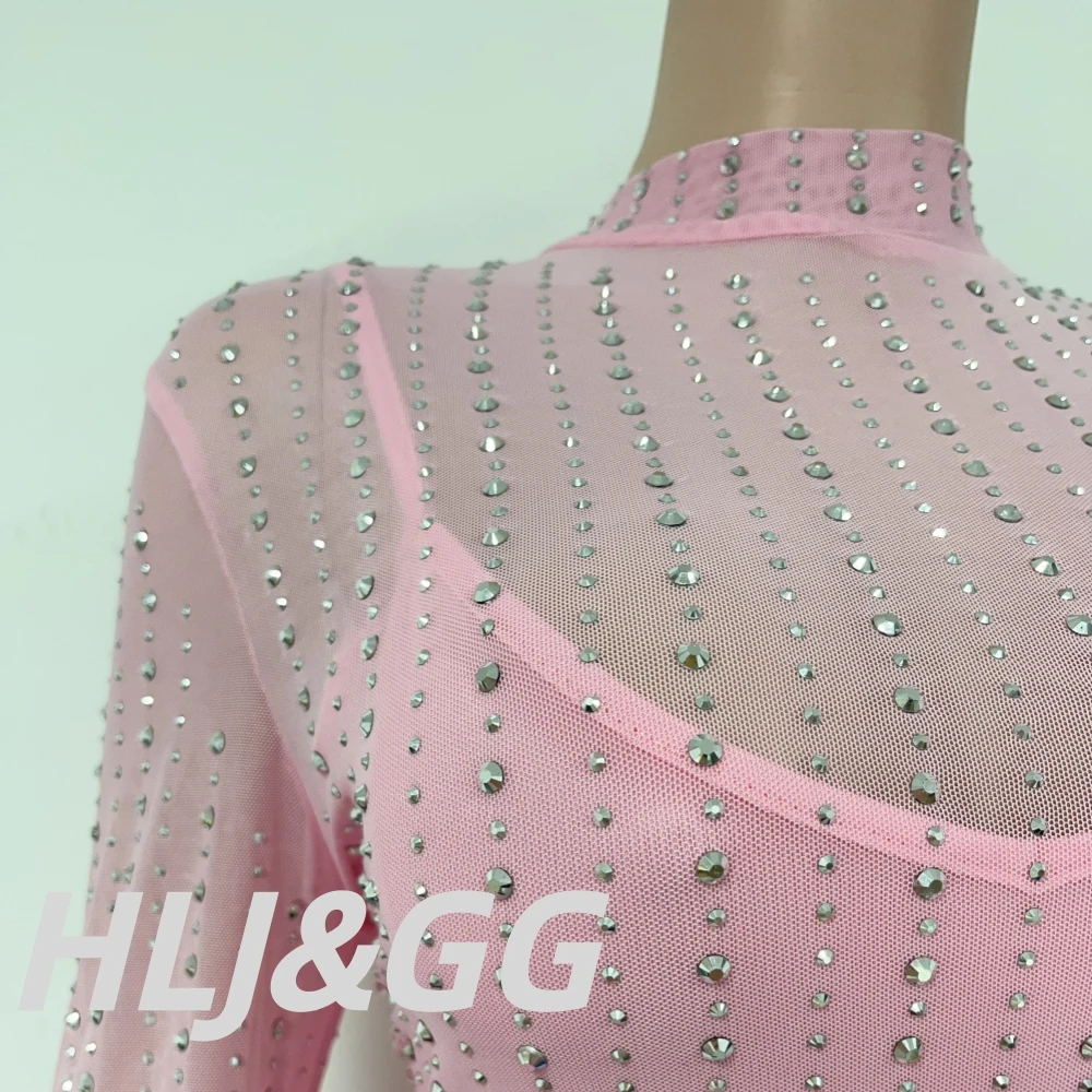 HLJ Elegant Rhinestone Patchwork Bodycon Dresses Women Solid Color Mesh See Through Ruched Dress Female Party Clubwear Vestidos