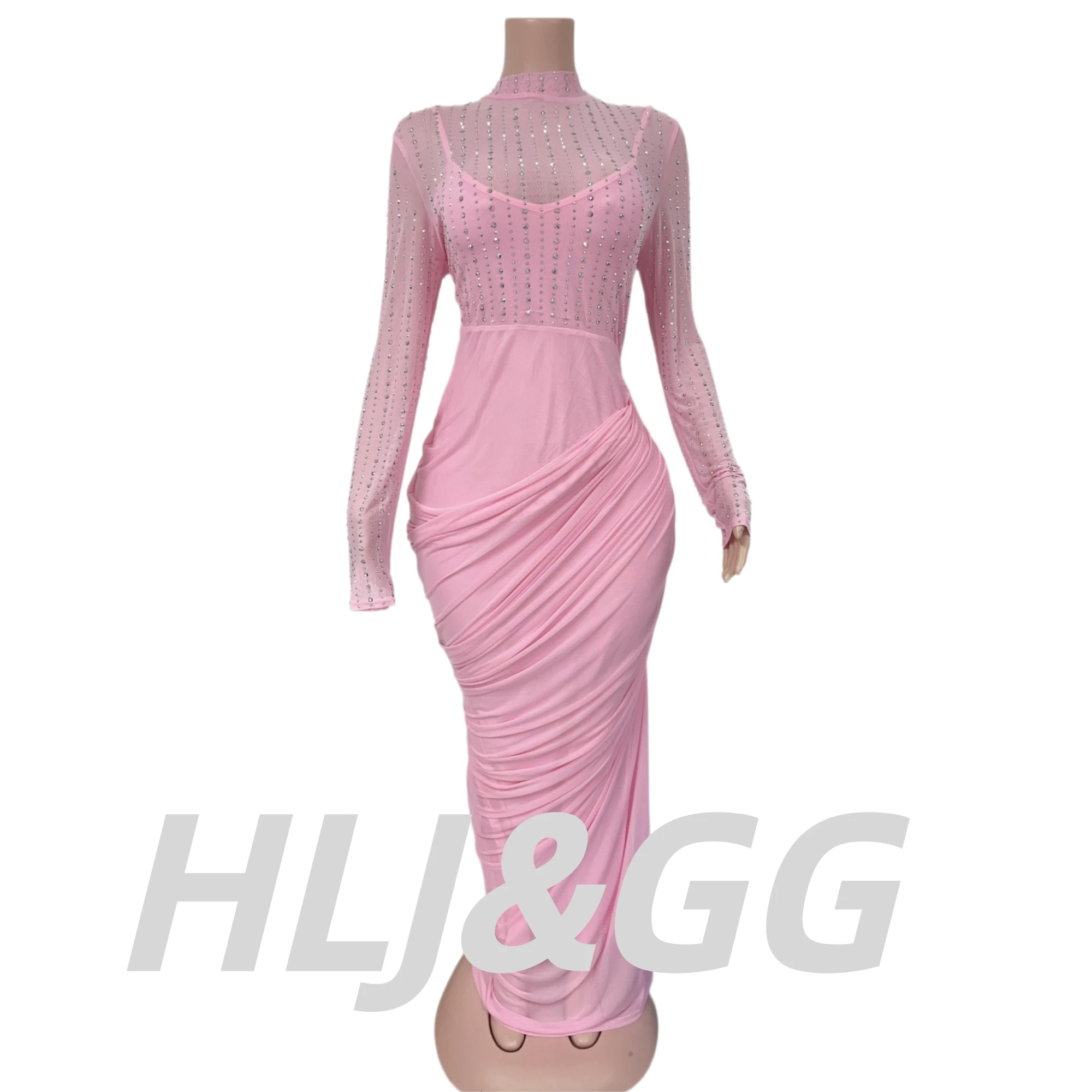 HLJ Elegant Rhinestone Patchwork Bodycon Dresses Women Solid Color Mesh See Through Ruched Dress Female Party Clubwear Vestidos