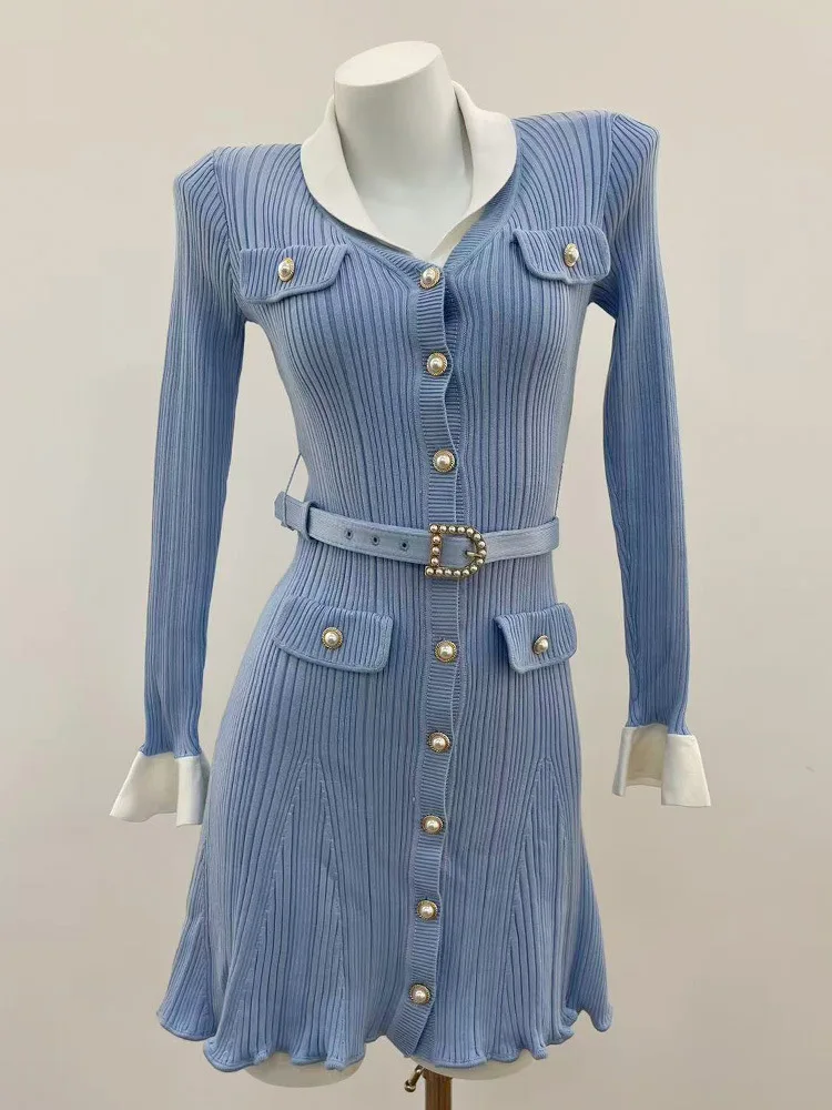 ZJYT Autumn Winter Knitted Sweater Dress for Women Long Sleeve 2026 Fashion New Single Breasted Sweet Casual Dresses with Belt