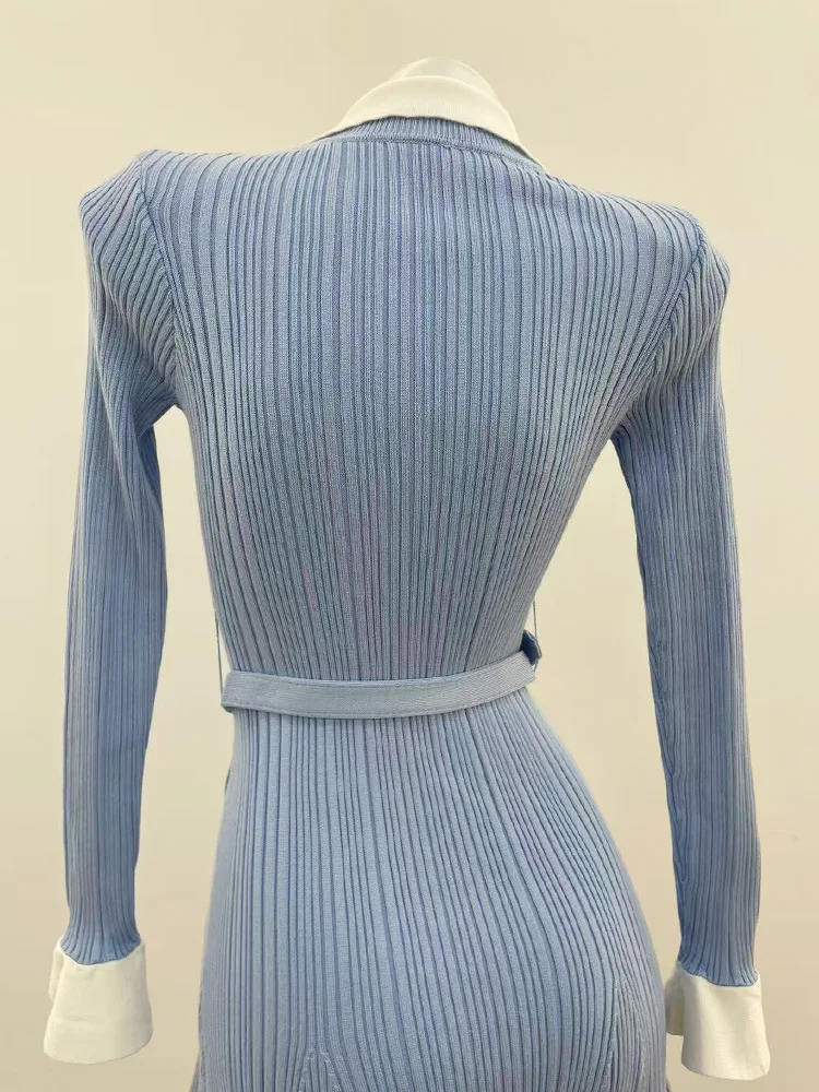 ZJYT Autumn Winter Knitted Sweater Dress for Women Long Sleeve 2026 Fashion New Single Breasted Sweet Casual Dresses with Belt
