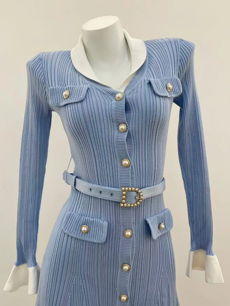 ZJYT Autumn Winter Knitted Sweater Dress for Women Long Sleeve 2026 Fashion New Single Breasted Sweet Casual Dresses with Belt