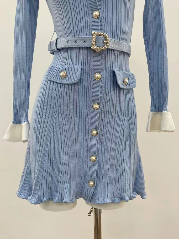 ZJYT Autumn Winter Knitted Sweater Dress for Women Long Sleeve 2026 Fashion New Single Breasted Sweet Casual Dresses with Belt