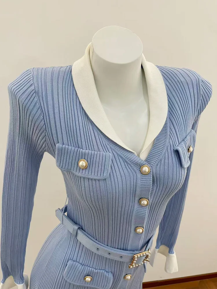 ZJYT Autumn Winter Knitted Sweater Dress for Women Long Sleeve 2026 Fashion New Single Breasted Sweet Casual Dresses with Belt