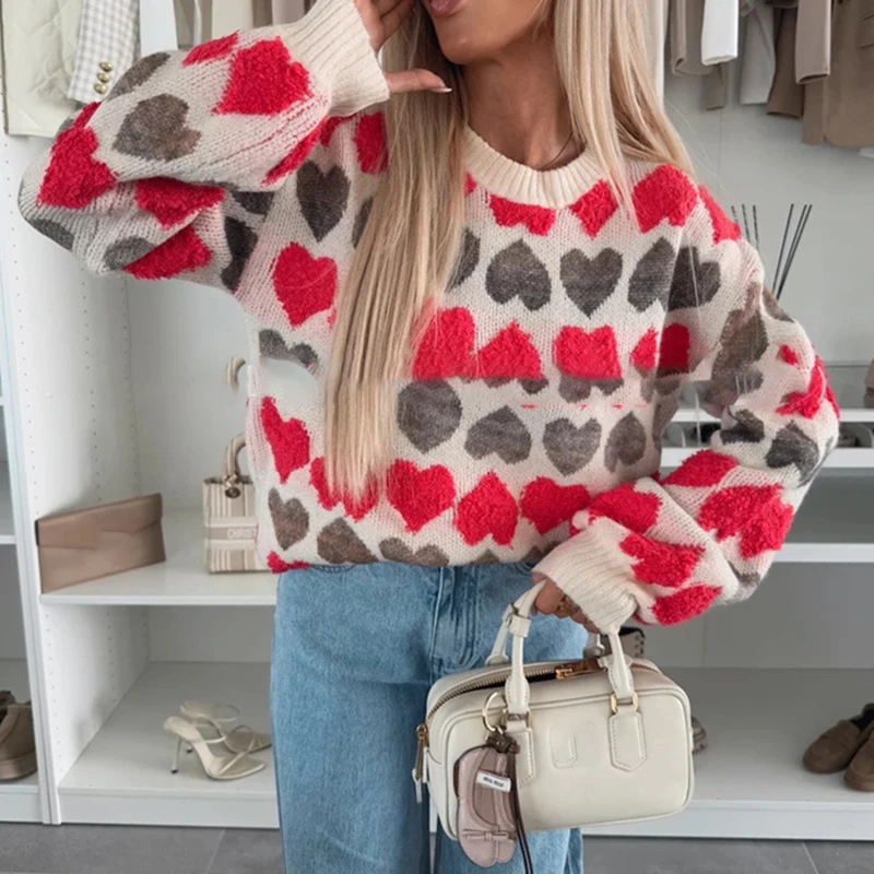 2026 Casual Commuting Sweater Top O Neck Long Sleeved Jacquard Knitted Pullover Autumn Winter Soft Warm Loose Fit Women Sweater