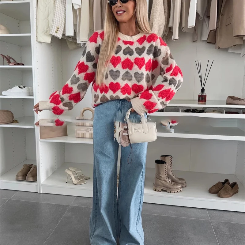 2026 Casual Commuting Sweater Top O Neck Long Sleeved Jacquard Knitted Pullover Autumn Winter Soft Warm Loose Fit Women Sweater
