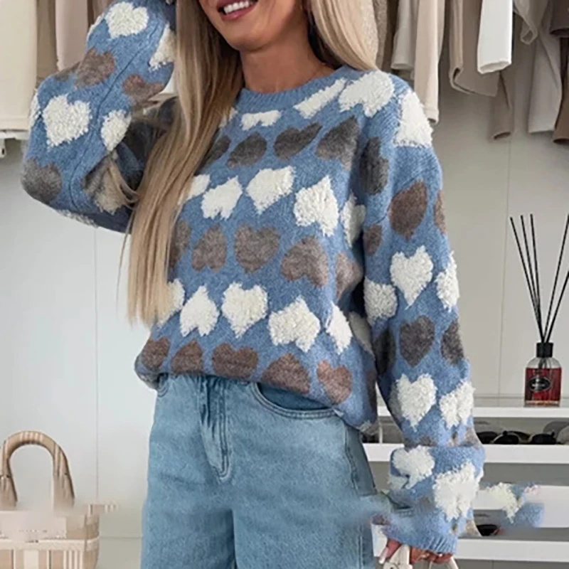 2026 Casual Commuting Sweater Top O Neck Long Sleeved Jacquard Knitted Pullover Autumn Winter Soft Warm Loose Fit Women Sweater