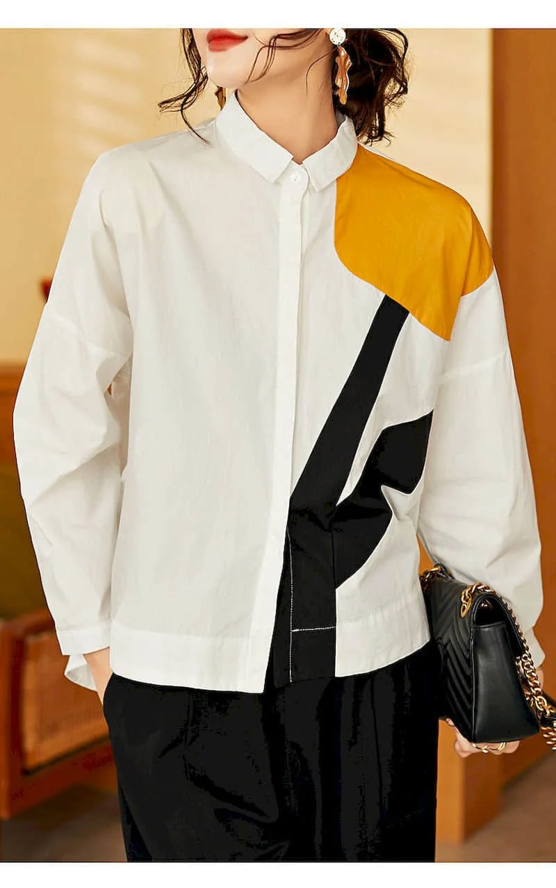 Fashion Printed Shirts Women Patchwork Design Long Sleeve Shirt Casual Loose Oversize Blouse 2026 Spring Summer Trend Thin Shirt