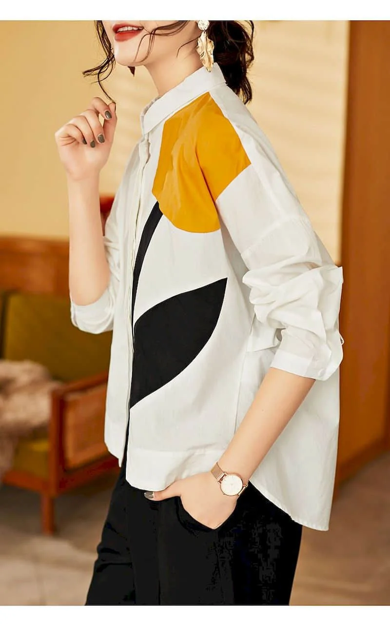 Fashion Printed Shirts Women Patchwork Design Long Sleeve Shirt Casual Loose Oversize Blouse 2026 Spring Summer Trend Thin Shirt