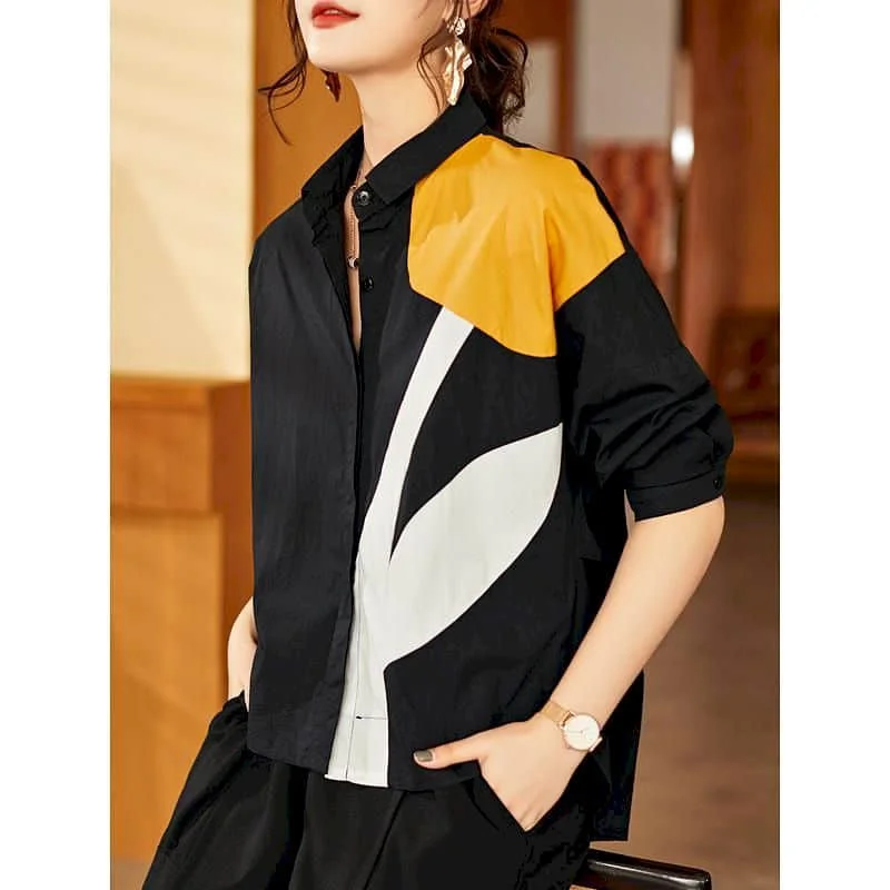 Fashion Printed Shirts Women Patchwork Design Long Sleeve Shirt Casual Loose Oversize Blouse 2026 Spring Summer Trend Thin Shirt