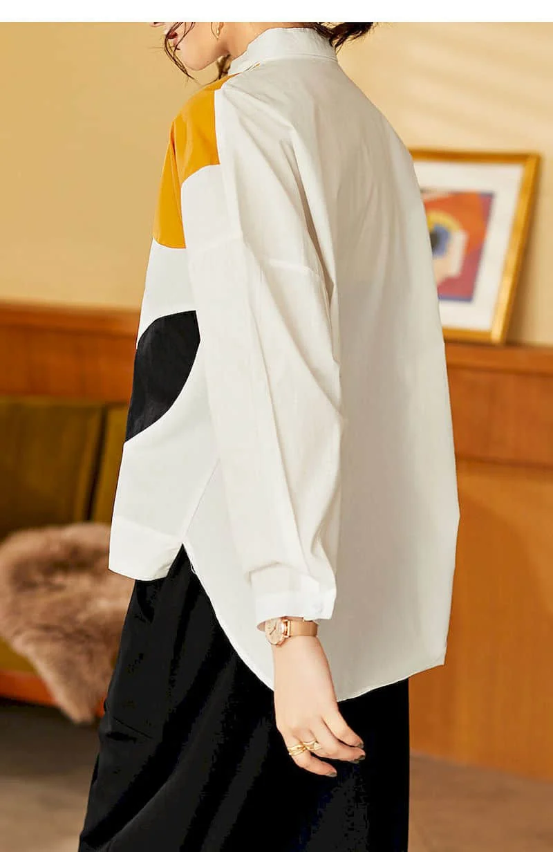Fashion Printed Shirts Women Patchwork Design Long Sleeve Shirt Casual Loose Oversize Blouse 2026 Spring Summer Trend Thin Shirt