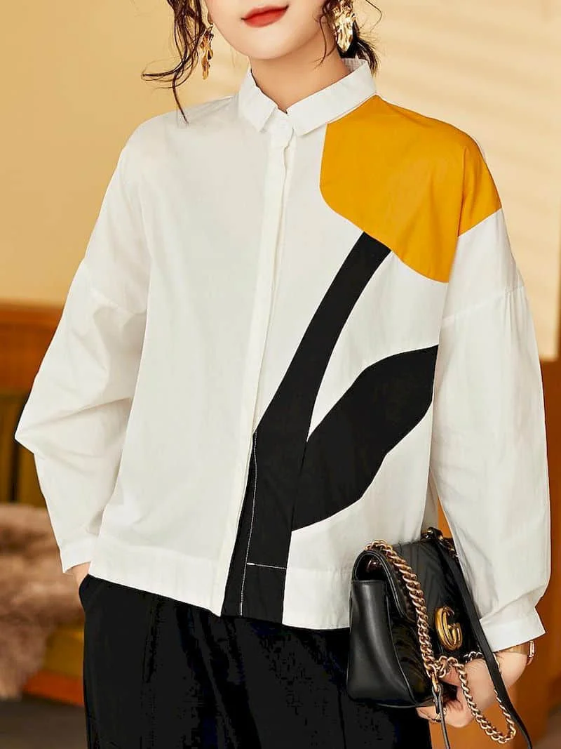 Fashion Printed Shirts Women Patchwork Design Long Sleeve Shirt Casual Loose Oversize Blouse 2026 Spring Summer Trend Thin Shirt