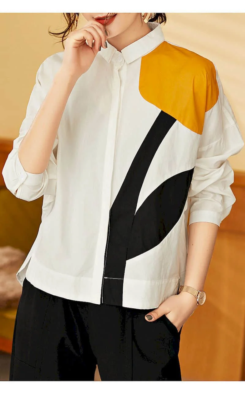 Fashion Printed Shirts Women Patchwork Design Long Sleeve Shirt Casual Loose Oversize Blouse 2026 Spring Summer Trend Thin Shirt
