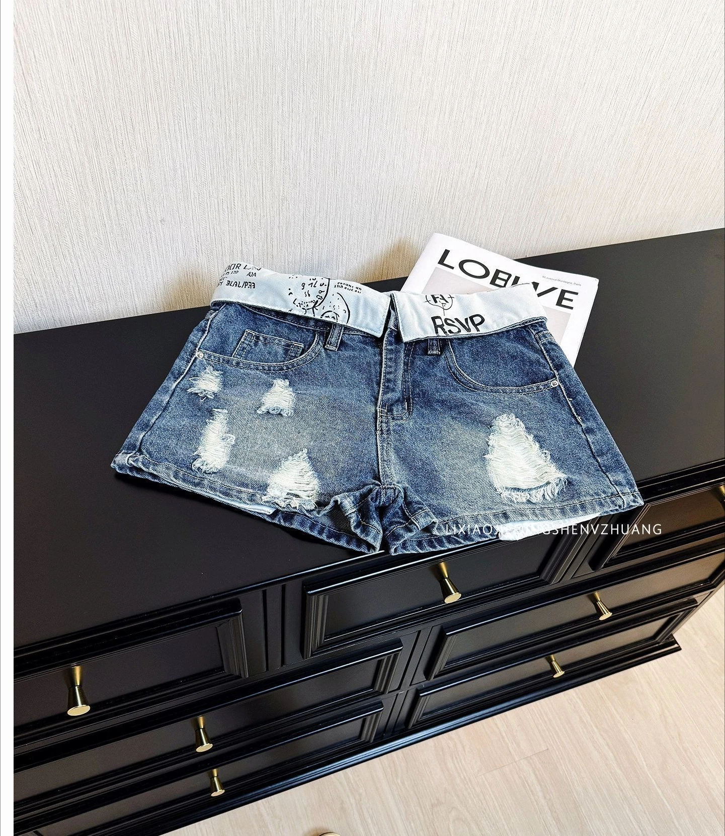 American Retro Spice Girl Flanged Low Waist Denim Shorts Women's Ripped Design Denim Shorts Hot Pants